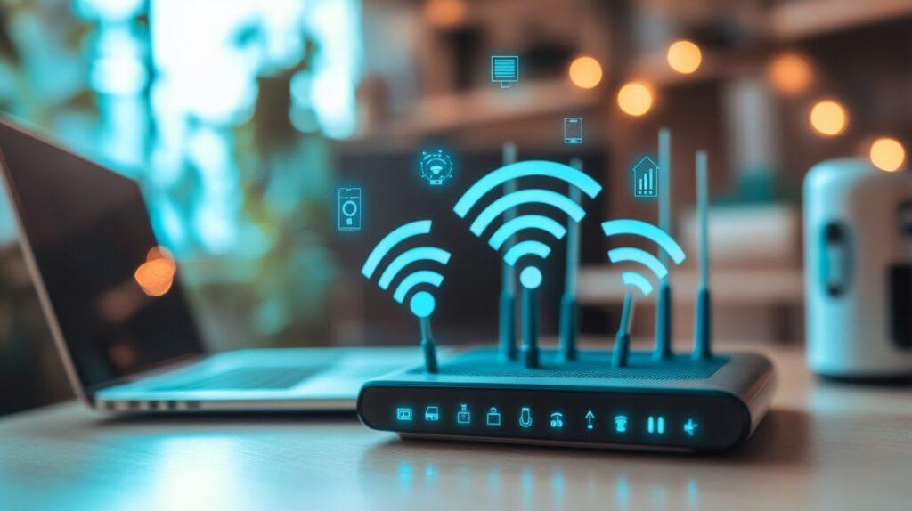 Router mit digitalen WLAN-Symbolen neben Laptop auf Schreibtisch – zeigt Einsatz von FTTH Zubehoer in der Heimvernetzung